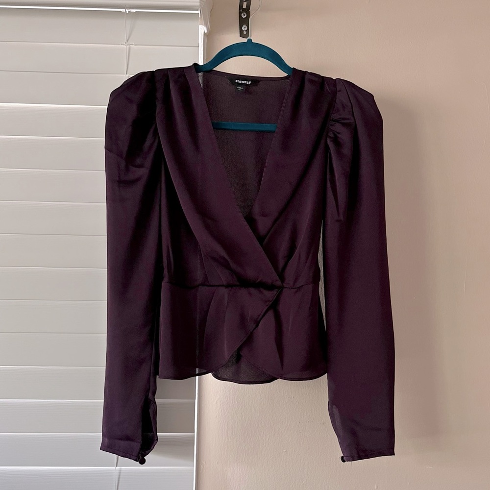 Express Plum Satin Puff Sleeve Peplum Blouse long sleeve XS